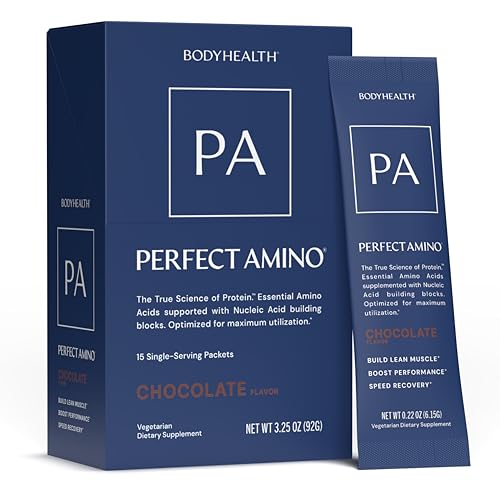 Image of BodyHealth PerfectAmino Powder - BCAA and EAA Powder for Pre and Post Workout - Amino Acid Energy Drink for Men and Women to Support Lean Muscle and Recovery - Chocolate - Stick Packs - 15 Servings