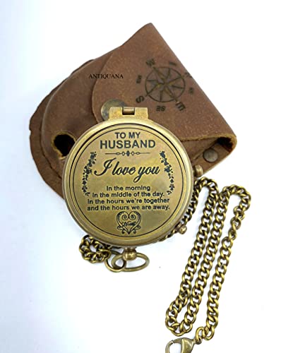Brújula de latón con estuche de cuero y cadena miniatura 3