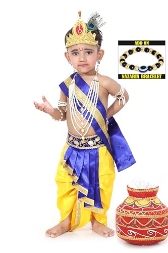 Image of Krishna Dress for Kids, Baby Krishna Dress for Janmashtami with Krishna Mukut, Peacock Feather & Flute Embroidered Krishna Costume for Girl & Boy, 3 Months-8 Years