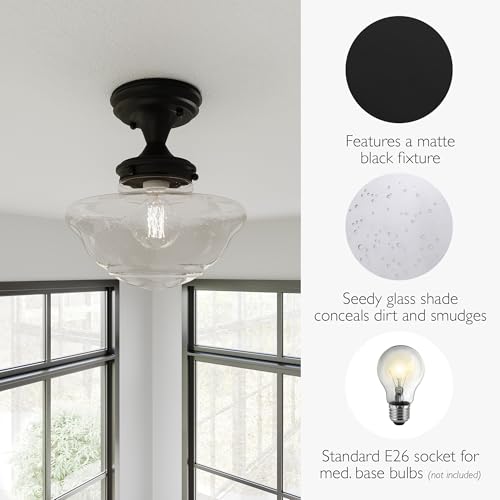 Image of Design House Vintage-Inspired Schoolhouse Semi-Flush Mount Ceiling Light, 9 in x 9 in x 10 in, Matte Black, Clear Seeded Glass Shade, 587444