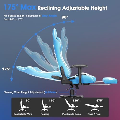 Image of Gaming Chair Massage PC Gaming Chair Office Chair Ergonomic Computer Chair with Rolling Swivel Task Chair Lumbar Support Footrest Headrest, Light Blue