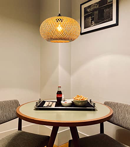 Yiizon Hand Woven Bamboo Hanging Lamp, Boho Wicker Rattan Pendant Lights, Beige Hanging Light Fixtures For Farmhouse, Kitchen Island, Living Room, Bedroom, Study #TOP3