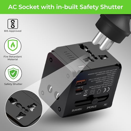 Image of UltraProlink International All in One Universal Travel Adapter|20W Charger|USB-A + Type C Port|PD3.0 Support|1500W|for Mobile, Tablets, Cameras |UM1189|Travel Mate PD20|Black