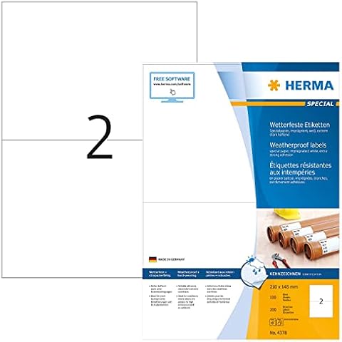 HERMA 4378 Wetterfeste Etiketten aus Spezialpapier DIN A4 (210 x 148 mm, 100 Blatt, Papier, imprägniert) selbstklebend, bedruckbar, extrem stark haftende Outdoor Etiketten, 200 Klebeetiketten, weiß Cover