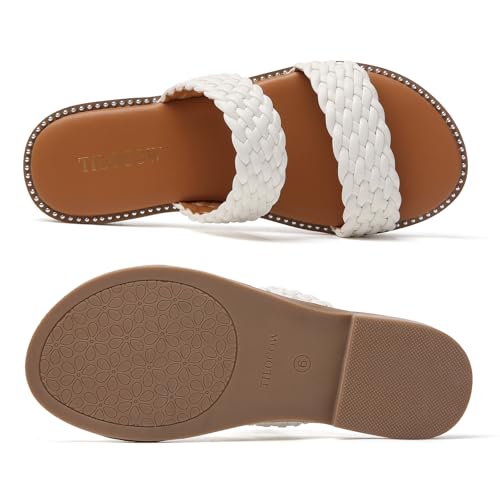 Image of Tilocow Women's Flat Sandals Two Strap Summer Dressy Studded Slide Sandals Open Toe Cute Casual Slip on Comfort Shoes for Beach Travel Daily Wear