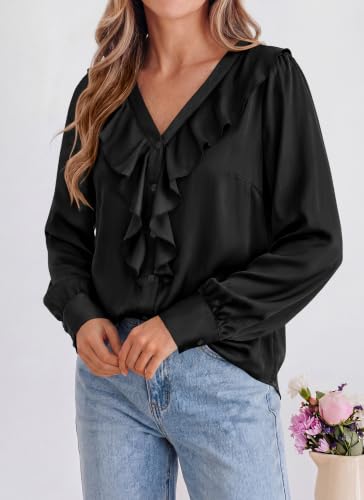 dowerme Womens Long Sleeve Tops Satin Ruffle Button Shirts - image 7