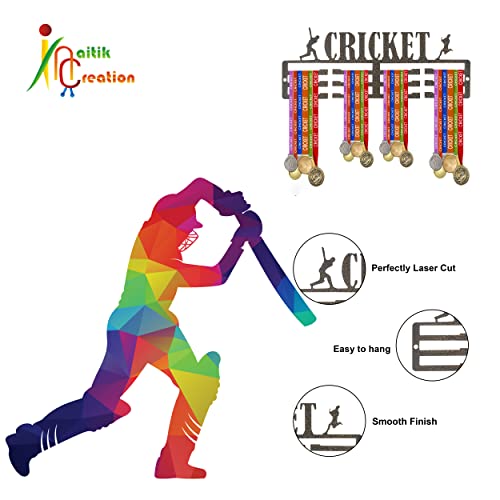 Image of NAITIK CREATION Medal Hanger for Wall - Medal Holder Display Hanger | Holds Up to 45 Medals | Sports Medal Display | Medals Hanger | Premium Antique Golden (Cricket)