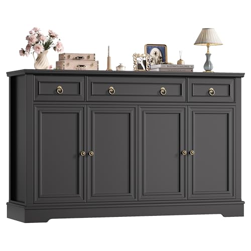 FINETONES Buffet Cabinet with Storage, 52.7" Large Sideboard Buffet Table, Black Kitchen Cabinet with 3 Drawers and 4 Doors, Wood Coffee Bar for Kitchen Dining Room, Black