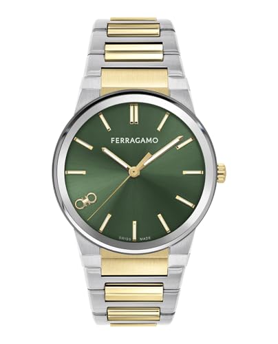 Ferragamo Ferragamo Infinity Sapphire Collection Luxury Mens Watch Timepieces with a Two Tone Bracelet and Case Featuring a Green Dial
