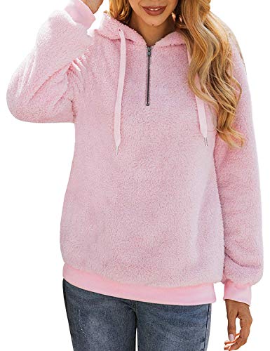 Bwiv Sudadera de Mujer con Capucha Chaqueta Suéter Invierno Otoño Caliente Esponjoso con Bolsillos Ropa Deportiva para Mujer Rosa Talla XL