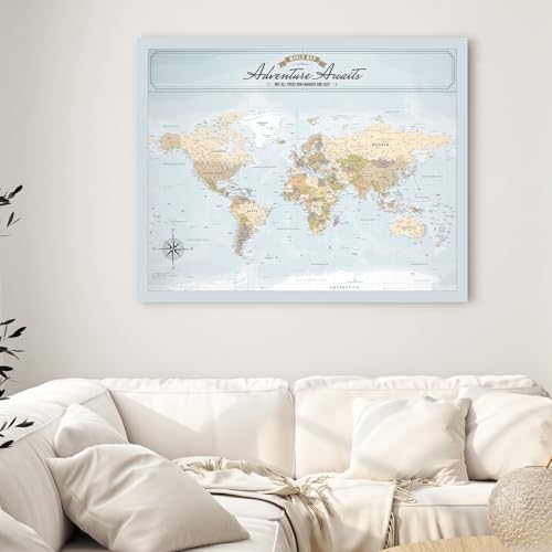 Image of IPIC - Blue Ocean World Map Pin Board Canvas Wall Art, Travel Map with Pins Included, Ready to Hang for Home or Office 30x24 Inch