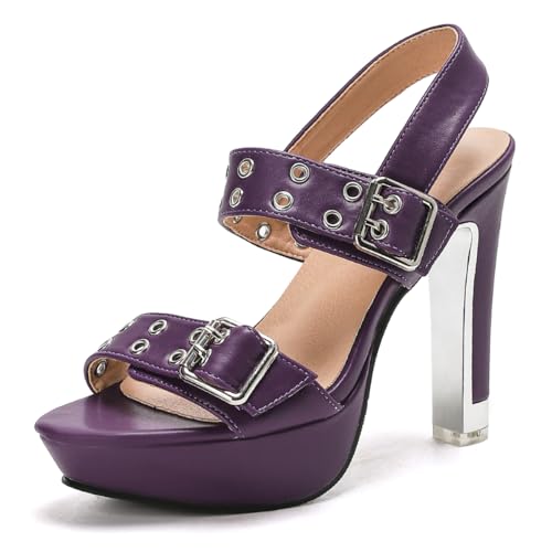 GATUXUS Women's Block High Heels Slingback Sandals Buckle Strappy Open Toe Platform Sandals Wedding Dressy Shoes