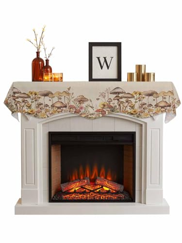 Retro Farm Mushroom Blossom Floral Mantel Scarf 70x17in,Washable Fireplace Top
