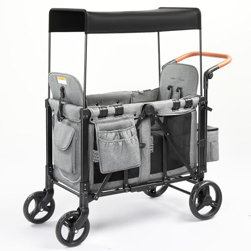 Bonnlo Folding Wagon for Kids to Sit in Elevated 2-Seater Handcart with Detachable Seats Removable Canopy 5-Point Harness and Large All-Terrain Wheels Outdoor Camping Cargo Cart (Grey)
