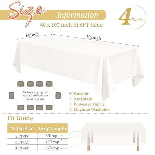 Showgeous 4 Pack Ivory Tablecloth 60 x 102 Inch, Rectangle Table Cloth for 6 Foot Table, Wrinkle Resistant Washable Polyester Table Cover for Wedding Dining Table Buffet Parties and Camping by Showgeous - Used condition - Image 2