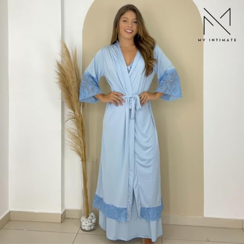 Kit de Robe e Camisola LONGOS sem Bojo de Microfibra Light de Amamentação Feminina (Azul Bebê, M)