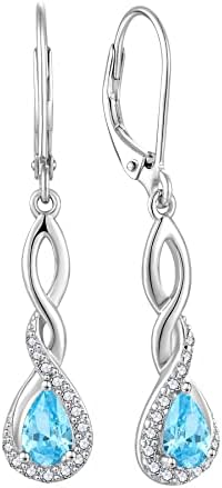 FJ Infinity Birthstone Earrings 925 Sterling Silver Leverback Dangle Drop Earrings Jewellery Gifts for Women Girls