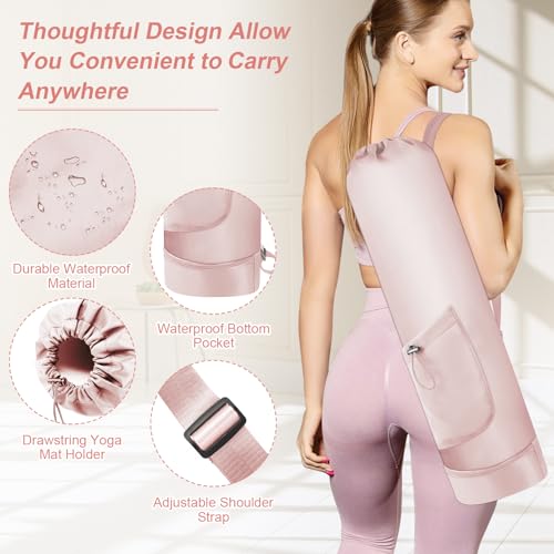 Grednfhat Yoga Mat Bag with Water Bottle, Full Zip Yoga Mat Carrier Adjustable Strap Yoga Mat Holder with Pocket Waterproof Yoga Bags for Women Men (Pink) - Thumbnail 4
