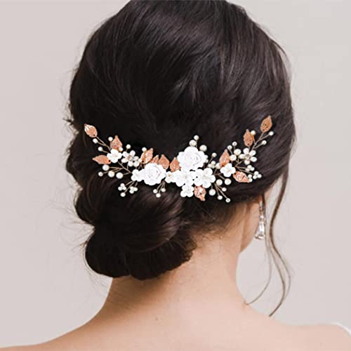 Casdre Flower Bride Wedding Hair Vine Pearl Bridal Headpiece Leaf Hair Accessories Hair Piece for Women and Girls (C Rose Gold)