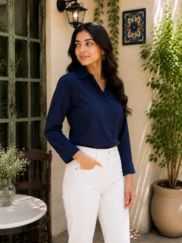 Image of FUNDAY FASHION Women Solid Regular Fit V Collered Casual Shirt