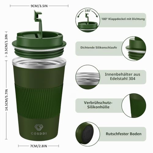 Foto von CS COSDDI Thermobecher- Isolierbecher, Edelstahl Travel Mug, 13oz/380ml Vakuum auslaufsicher Reisebecher mit Deckel, Autobecher, doppelwandig isoliert für, Wasser und Tee, Kaffee-to-go Becher