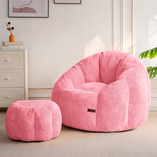 Image of MAXYOYO Giant Bean Bag Chair with Ottoman, Pumpkin-Shaped Bean Bag Sofa with Footstool, Oversized Boneless Couch Chair in a Box, Comfy and Lazy Lounge for Dorm, Living Room, Bedroom, Pink