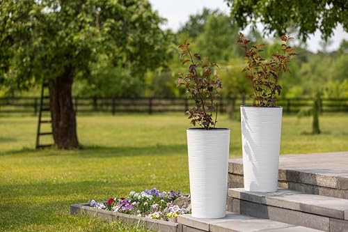 Tall Round Textured Flower Pot With Insert - Indoor Outdoor Garden Planter for Plants (White, 25cm x 46cm)
