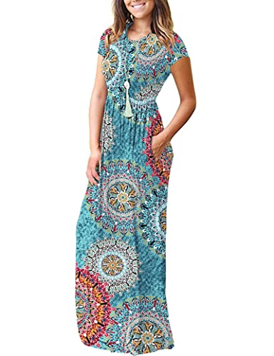 Image of AUSELILY Women's Summer Short Sleeve Loose Plain Casual Long Maxi Dresses | Year Round wear solid floral print, Casual wear, Empire waist, Floor length, Side pockets