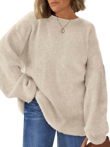 LILLUSORY Womens Oversized Tunic Sweaters Winter Cozy Tops Cute Chunky Crewneck Plus Size Pullover Long Sleeve Clothes Apricot L
