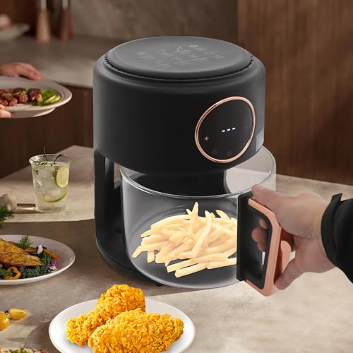 Image of 1200W Glass Air Fryer with 360 Viewable Basket, 3.8QT Borosilicate Airfryer with Touchscreen & 8 Presets Oil-Free Cooker for Family /Outdoor Use (Black)