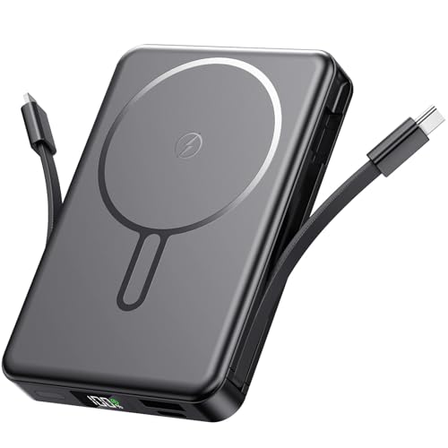 PDBEST 10000mAh Magnetic Power Bank with Built in Cables 22.5 W Fast Charging Portable Charger Wireless Power bank with LED Display Compatible with iPhone 17/16/15/14/13/12 Android Black