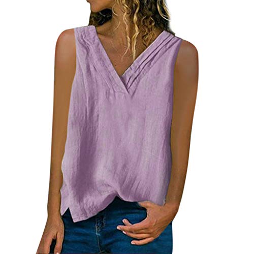 Camiseta regata feminina de linho e algodão HIRIRI com gola V e sem mangas para o verão, cor lisa, c