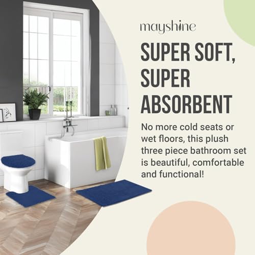 Image of Standard 3pc Set Chenille Bath Mats, Includes 21 inchx24 inch U-Shaped Contour Toilet Rug, 21 inchx34 inch Inches Bathmat and 1 Toilet Lid Cover, Plush Absorbent Bath Mats Quick Dry, Dark Blue