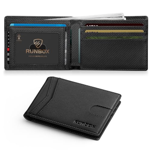 Image of RUNBOX Wallet for Men Slim Leather Bifold RFID Blocking Minimalist Front Pocket Design with Gift Box