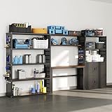 FLEXIMOUNTS Garage Storage Cabinet System, 3-in-1 Modular Metal Tool Cabinet w/ Workbench and Particle Board Shelf Includes Pegboard, 24-Gauge Steel, 129'(L) w/ 2 Doors, Black, FLEXIMOD Series