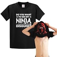 Men’s black short sleeve printed T-shirt made from 100% cotton for everyday wear. Features a flip design print with “Do You Want to See My Ninja Disguise?” text for a novelty costume-style look. Fabric weight 165 GSM, suitable for regular use and str...