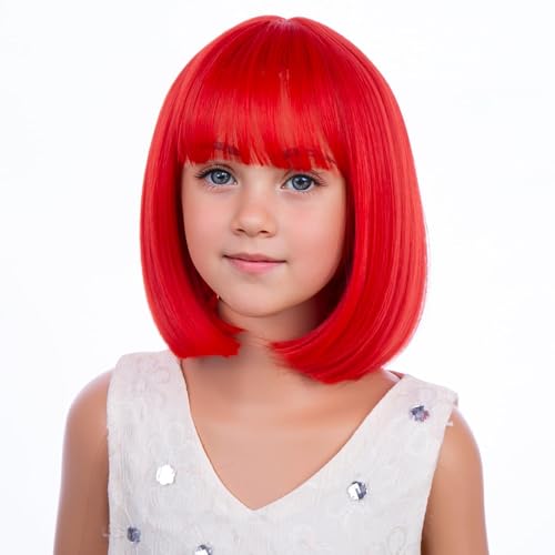 Image of PATTNIUM Red Wig Short Red Bob Wigs for Child Kids Colored Cosplay Party Synthetic Rose Net Daily Wear Wigs