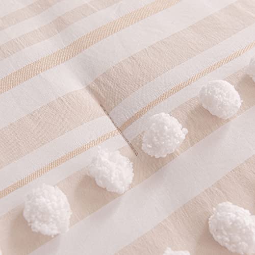 Sleepbella Tufted Full Bed Comforter Set, White & Beige Striped Ball Pom Design, Fluffy And Lightweight Khaki Boho Bedding Comforters & Sets 3 Pieces (1 Comforter, 2 Pillowcases) #TOP5