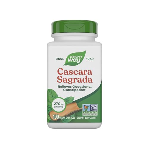 Nature's Way Cascara Sagrada Bark, Occasional Constipation Relief For Adults and Kids Ages 12+, Supports Regularity*, Non-GMO Project Verified, 270 mg per Serving, 100 Capsules (Packaging May Vary)