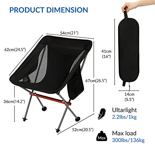 SHALLWE Ultralight Portable Camping Chair,Aviation Aluminum Frame Compact Folding Chairs,300lbs Capacity with Wide Feet and Storage Bag,Suitable for Camping,BBQ,Hiking,Beach,Lawn(Black) - Image 3