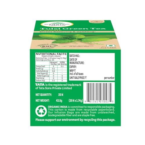Image of A TATA Product - Organic India Tulsi Green Tea Classic - 25 Tea Bags, Uplifts Mood, Rich in Antioxidants, Blend of Rama, Krishna & Vana Tulsi, Certified Organic