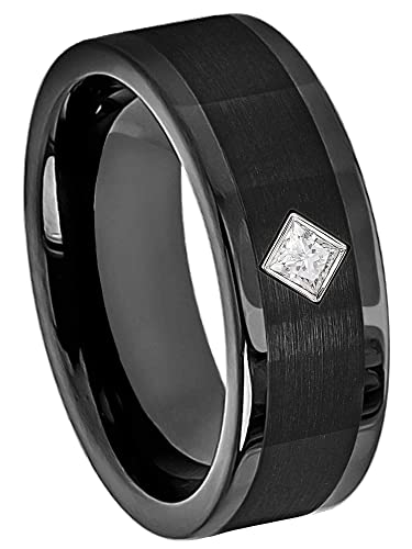Princess Cut Moissanite Cobalt 8mm Wedding Band - Black Pipe Cut Cobalt Brushed Center High Polished Flat Edge Cobalt Ring Anniversary Band April Birthstone