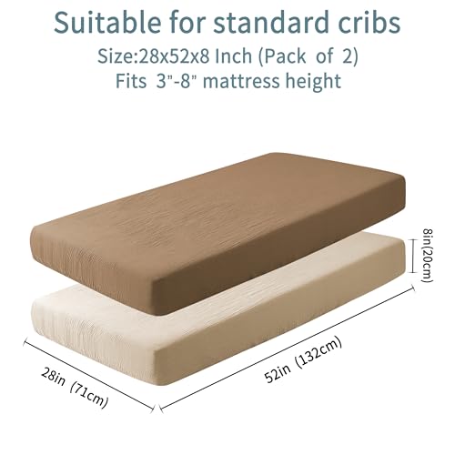 Muslin Crib Sheets for Boys Girls 100% Cotton Fitted Baby Crib Sheet 2 Pack Soft and Breathable for Standard Crib Mattress & Toddler Mattress 52x28in (Beige & Coffee)