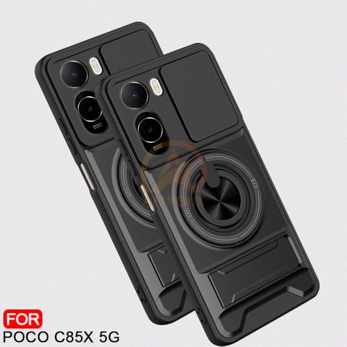 Image of Poco C85X 5G Back Cover | Armor Camera Slider 360 Degree Rotating Finger Ring Holder Case with Bracket Stand Back Case Cover (Compatible with MagSafe Accessories) (Black)