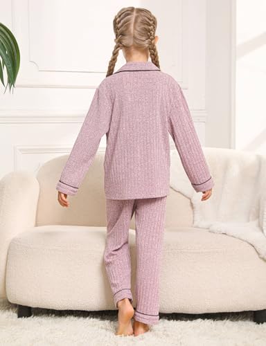 Kids Girls Pajamas Set Girl Ribbed Knit Long Sleeve Button-up Pajama Sleepwear Nightwear Loungewear Set4