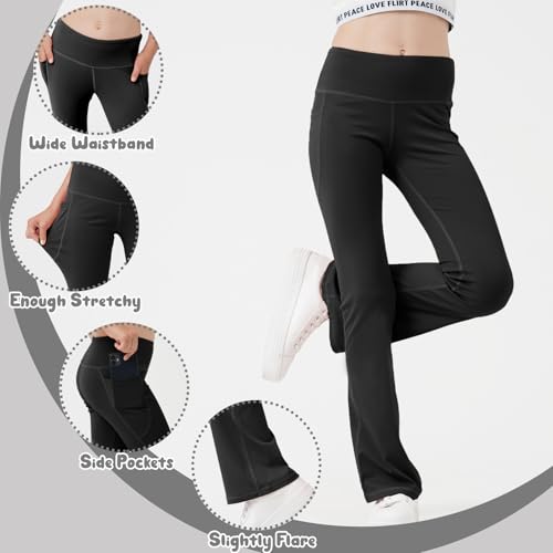 Girls Flare Leggings Bootcut Yoga Pants for Youth with Pocket Bell Bottom High Waist Athletic Workout Tights 3 Pack3