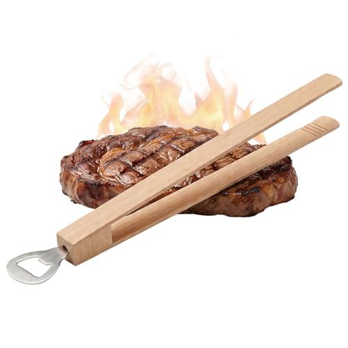 Grillzange Holz mit Flaschenöffner 2in1 aus unlackiertem Holz 35 cm