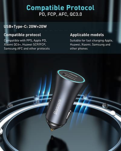Baseus Carregador de carro, carregador de carro 40 W QC 3.0 USB C PD 3.0 de carregamento rápido, ada