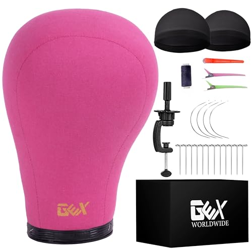 GEX 20"-24" Canvas Cork Wig Block Mannequin Head for Wig Making Drying Styling Display with Table C Clamp Stand Holder (Rosy 24")