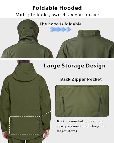 Image of Men's Tactical Fleece Lined Jacket Softshell Military Hooded 7 Pockets Windproof Outdoor Work Rain Coats Green M